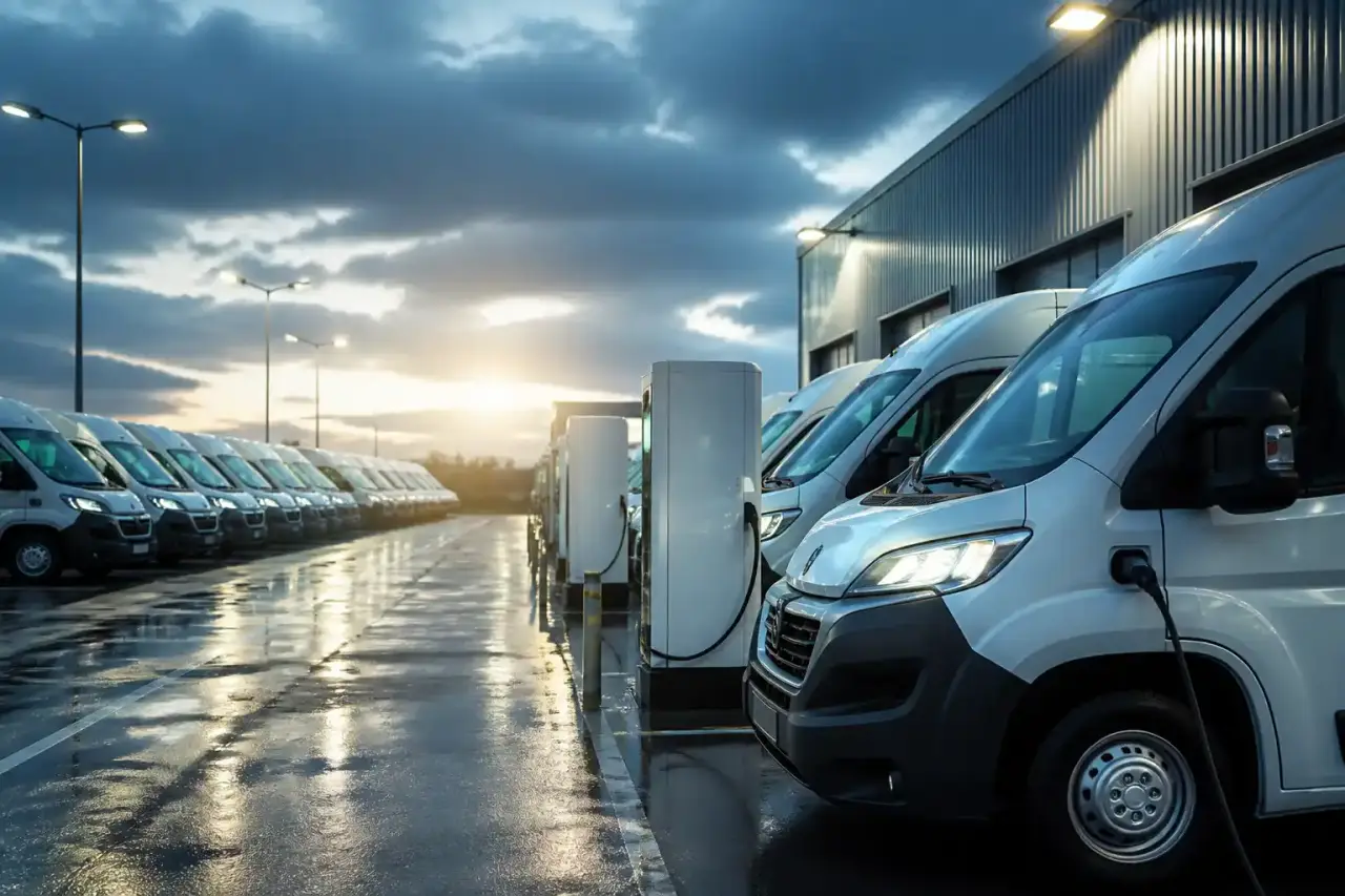 Alignement de fourgons électriques en charge dans un dépôt d'entreprise moderne