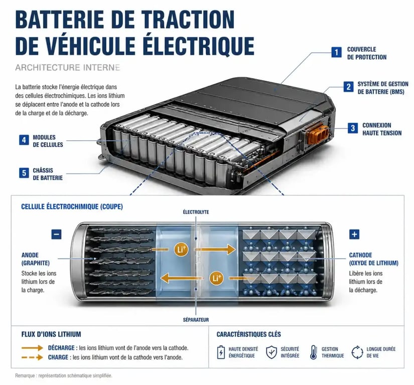 Schéma du fonctionnement interne d'une batterie de voiture électrique avec flux d'ions entre anode et cathode