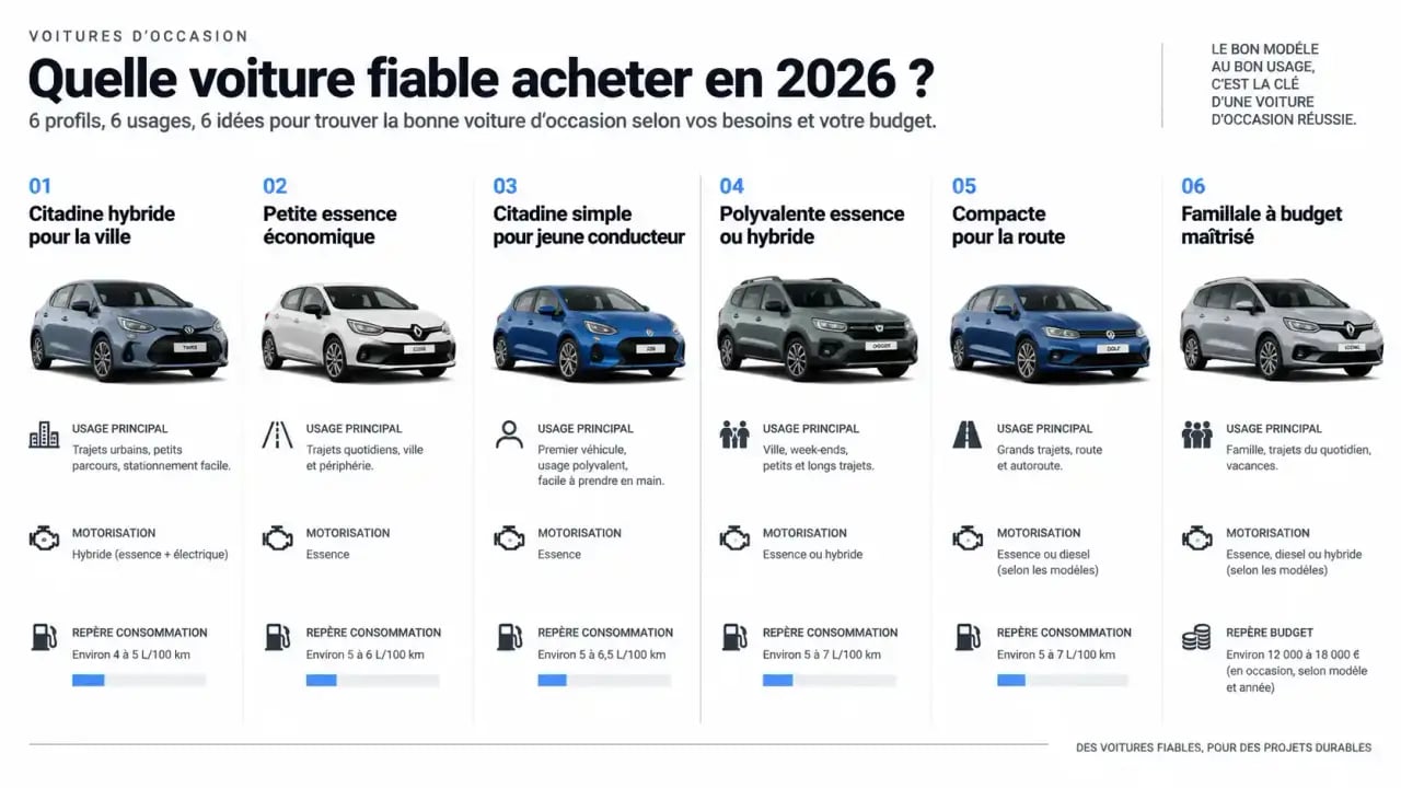 Infographie pour savoir quelle voiture fiable acheter en 2026 selon l'usage et le budget