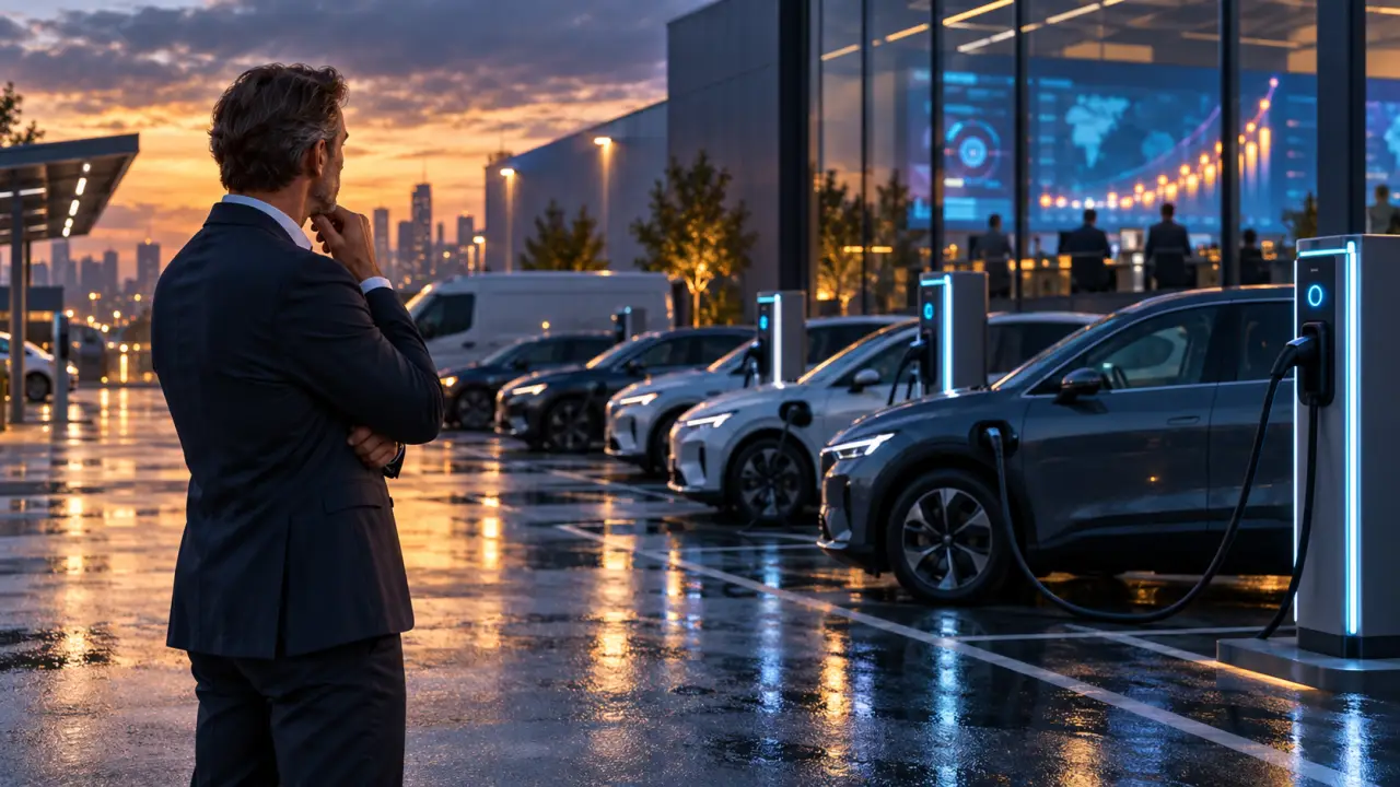 Véhicules électriques d'entreprise stationnés devant une infrastructure de recharge connectée