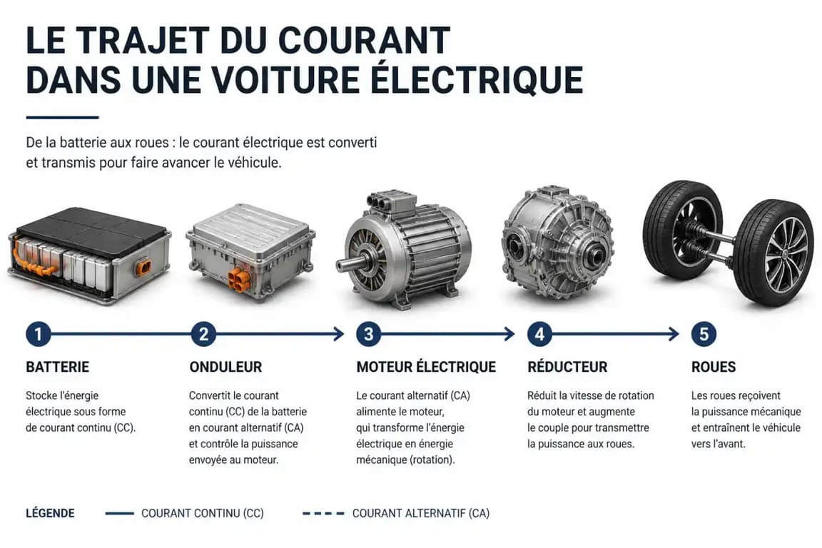Infographie du trajet du courant dans le groupe motopropulseur d'une voiture électrique
