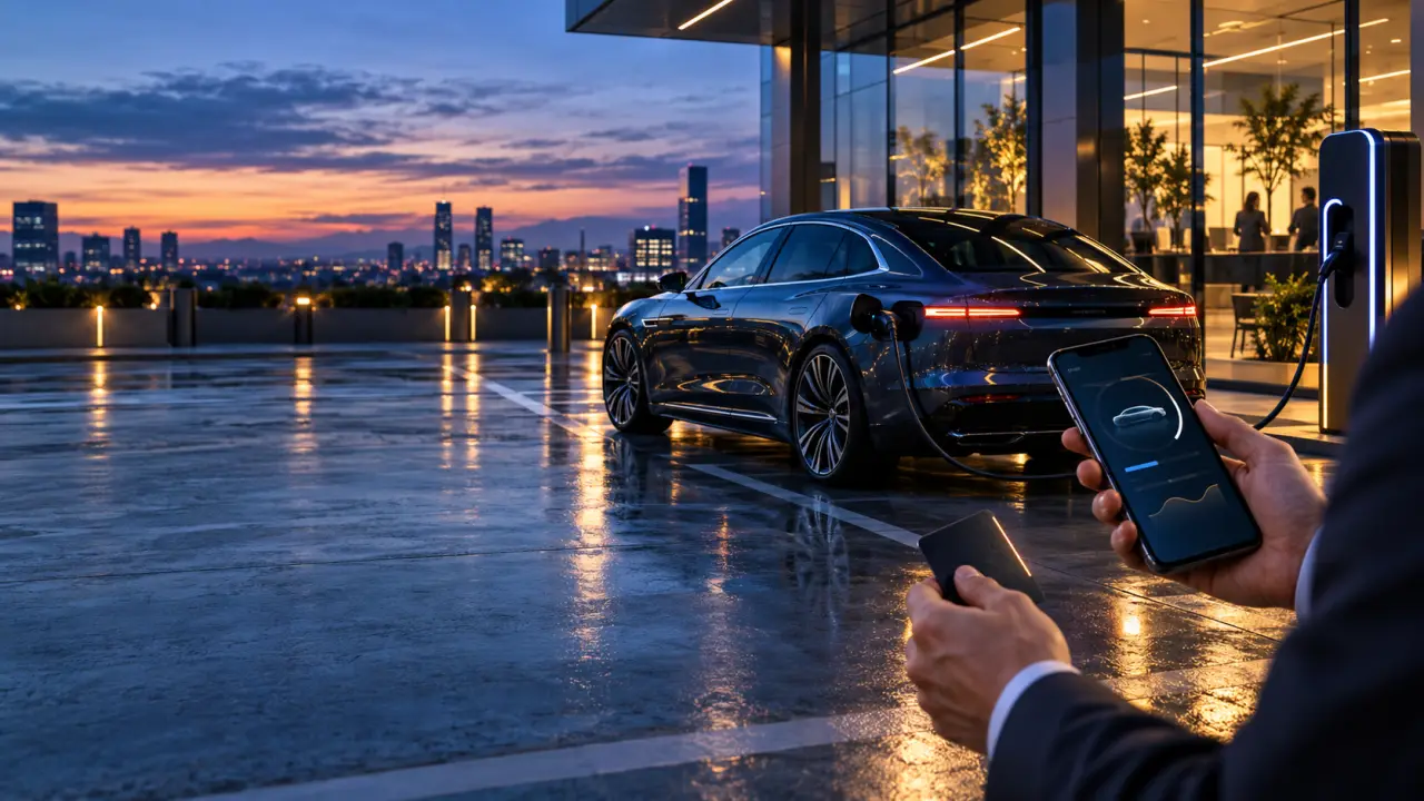 Voiture électrique de fonction branchée à une borne de recharge dans un environnement professionnel