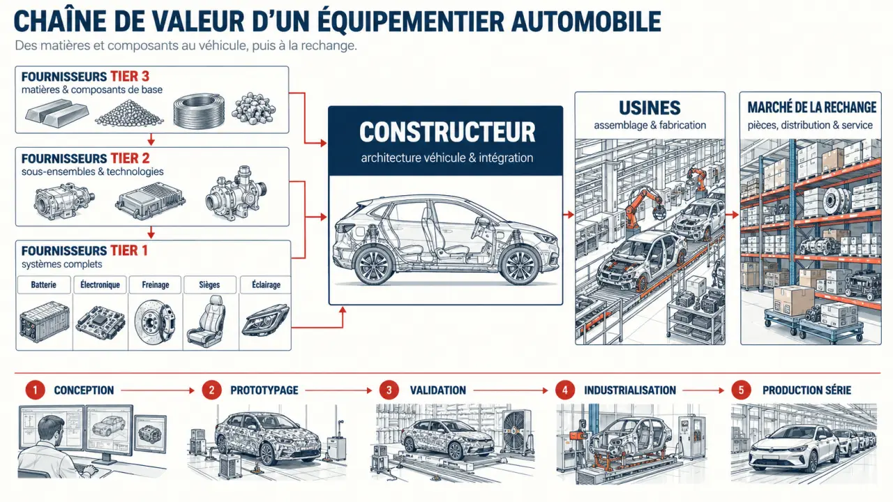 Chaîne de valeur d'un équipementier automobile entre constructeur, fournisseurs Tier 1 à Tier 3 et marché de la rechange