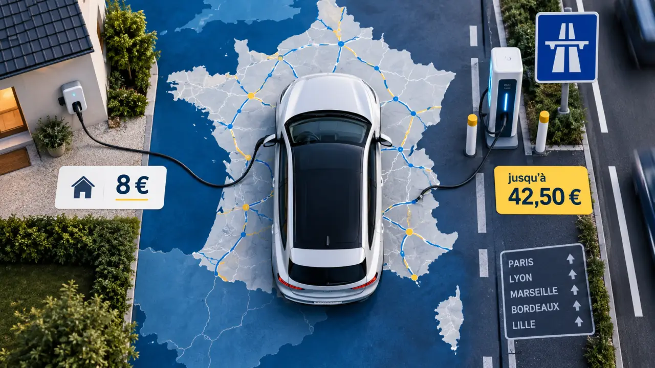 Prix d’un plein de voiture électrique : 8 € à domicile, jusqu’à 42,50 € sur autoroute