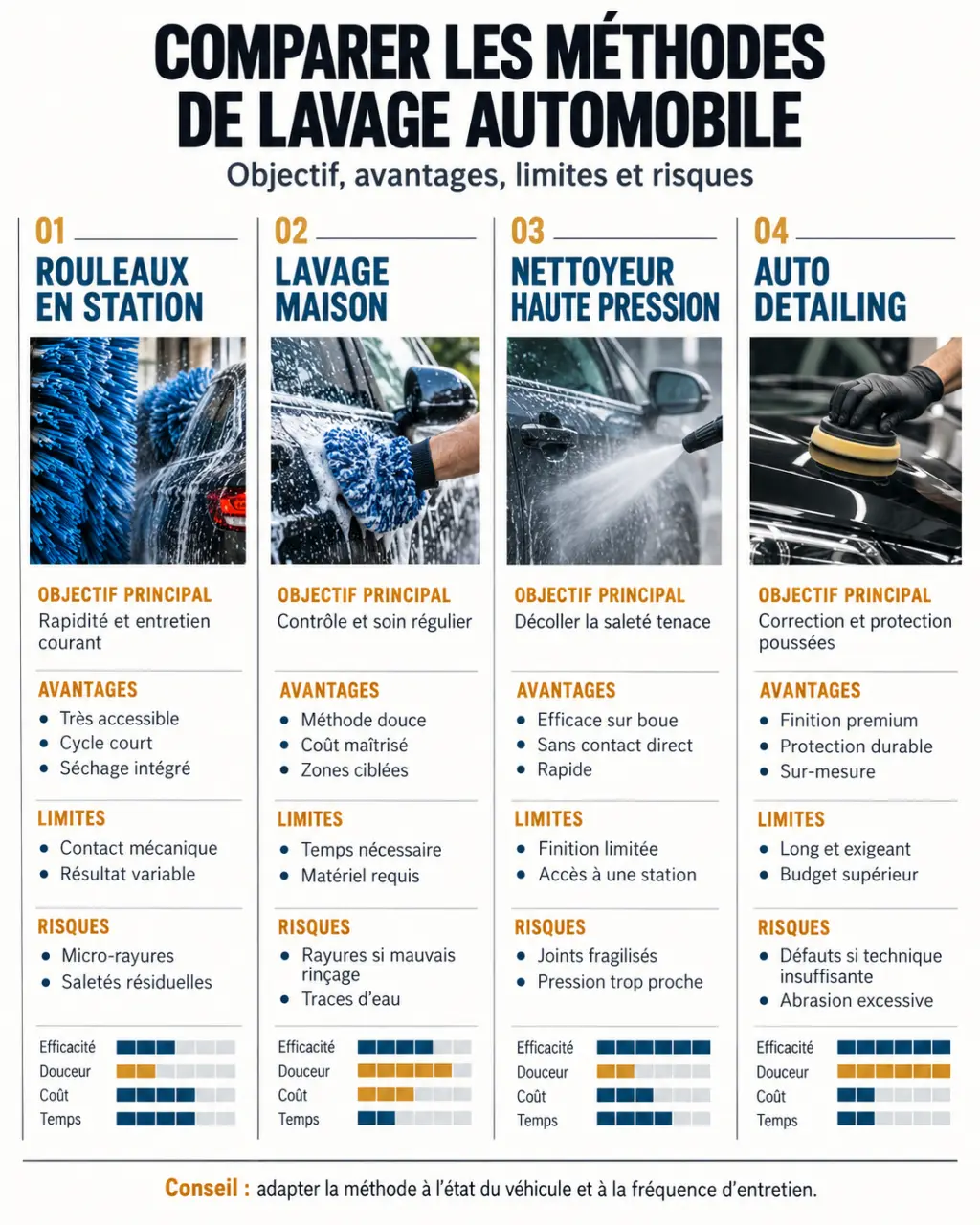 Infographie auto detailing detailing comparant les méthodes de lavage automobile