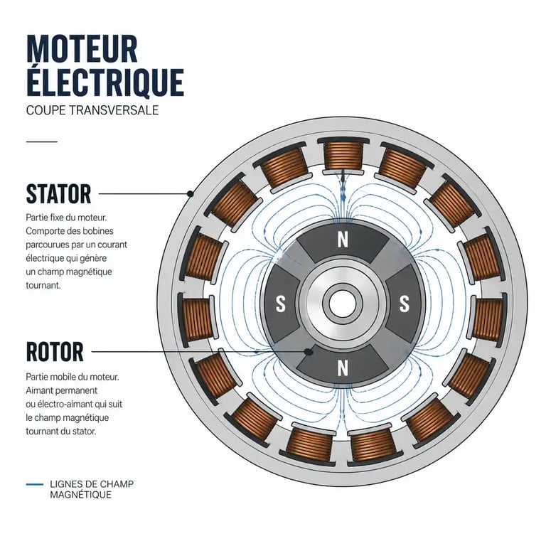 Schéma du fonctionnement d'un moteur électrique de voiture avec stator et rotor