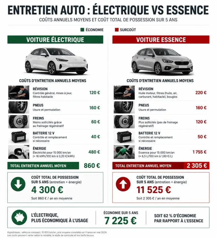 Infographie sur le coût entretien voiture électrique vs essence, avec comparaison des révisions, pneus, freins, batterie et budget annuel