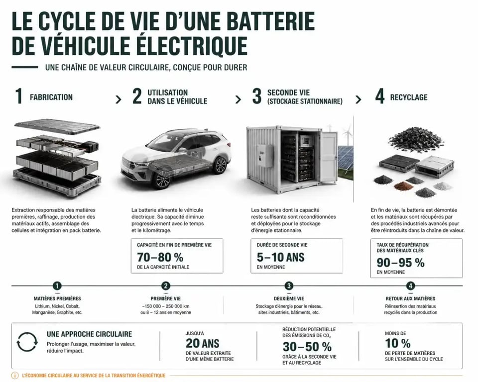 Cycle de vie d'une batterie de voiture électrique de la fabrication au recyclage