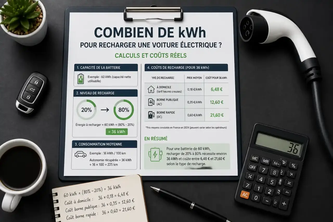 Combien de kWh pour recharger une voiture électrique ? Calculs et coûts réels