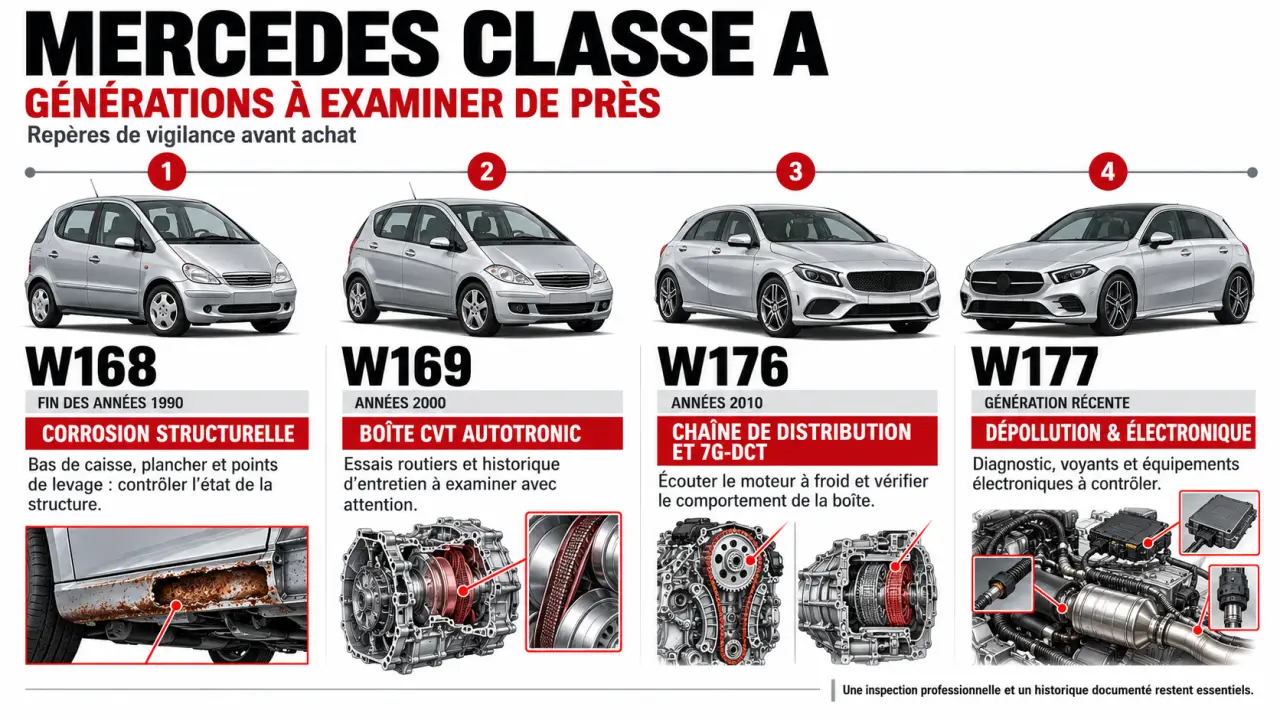 Infographie Mercedes Classe A modèle à éviter : risques par génération W168, W169, W176 et W177