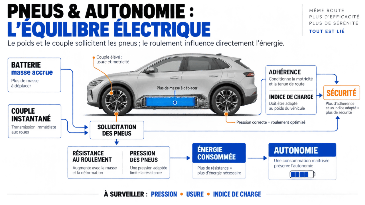 Infographie sur les pneus voiture electrique, le poids de la batterie, l’adhérence et l’autonomie