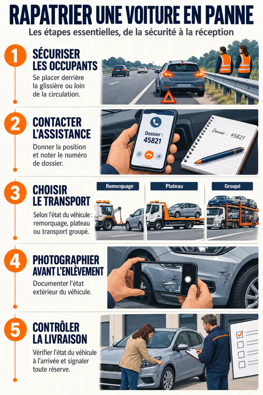 Étapes pour faire rapatrier sa voiture en panne, de la mise en sécurité à la livraison