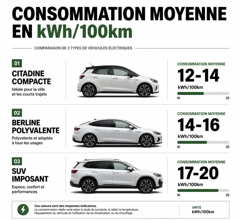 Comparaison de la consommation moyenne en kWh pour recharger une voiture électrique selon le type de véhicule