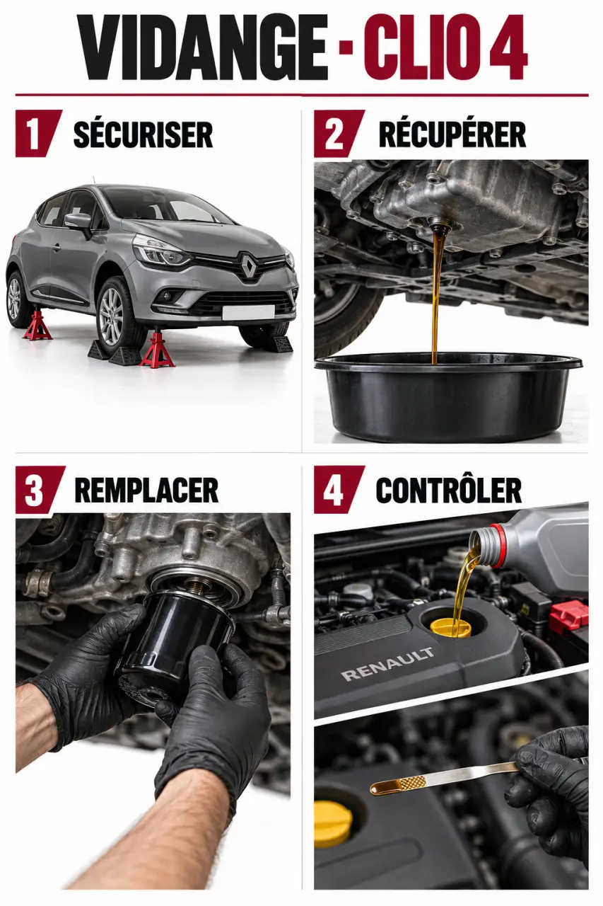 Illustration des étapes d’une vidange Clio 4 avec filtre à huile et contrôle du niveau