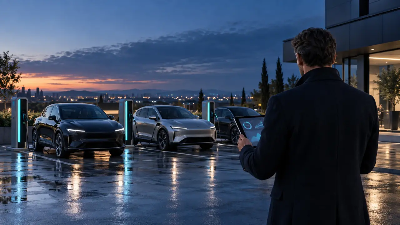 Flotte de véhicules électriques stationnée devant une infrastructure de recharge moderne