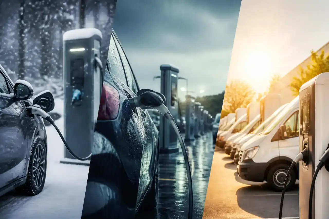Flotte électrique en recharge dans un environnement technologique