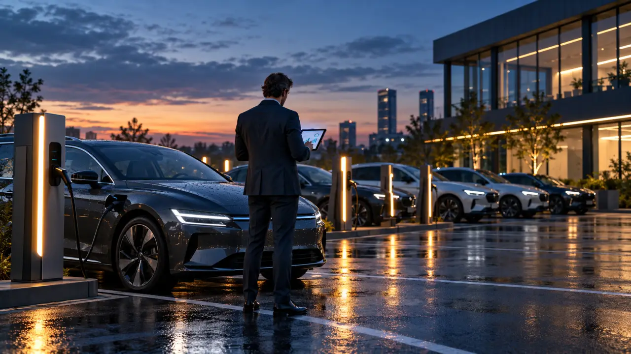 Véhicules électriques d’entreprise alignés devant une infrastructure de recharge moderne