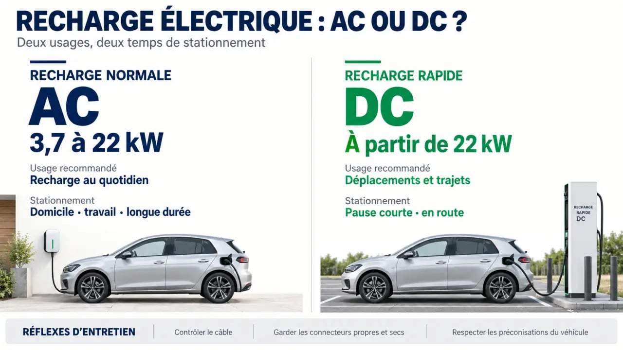 Entretien batterie voiture électrique : comparaison entre recharge AC normale et recharge rapide DC