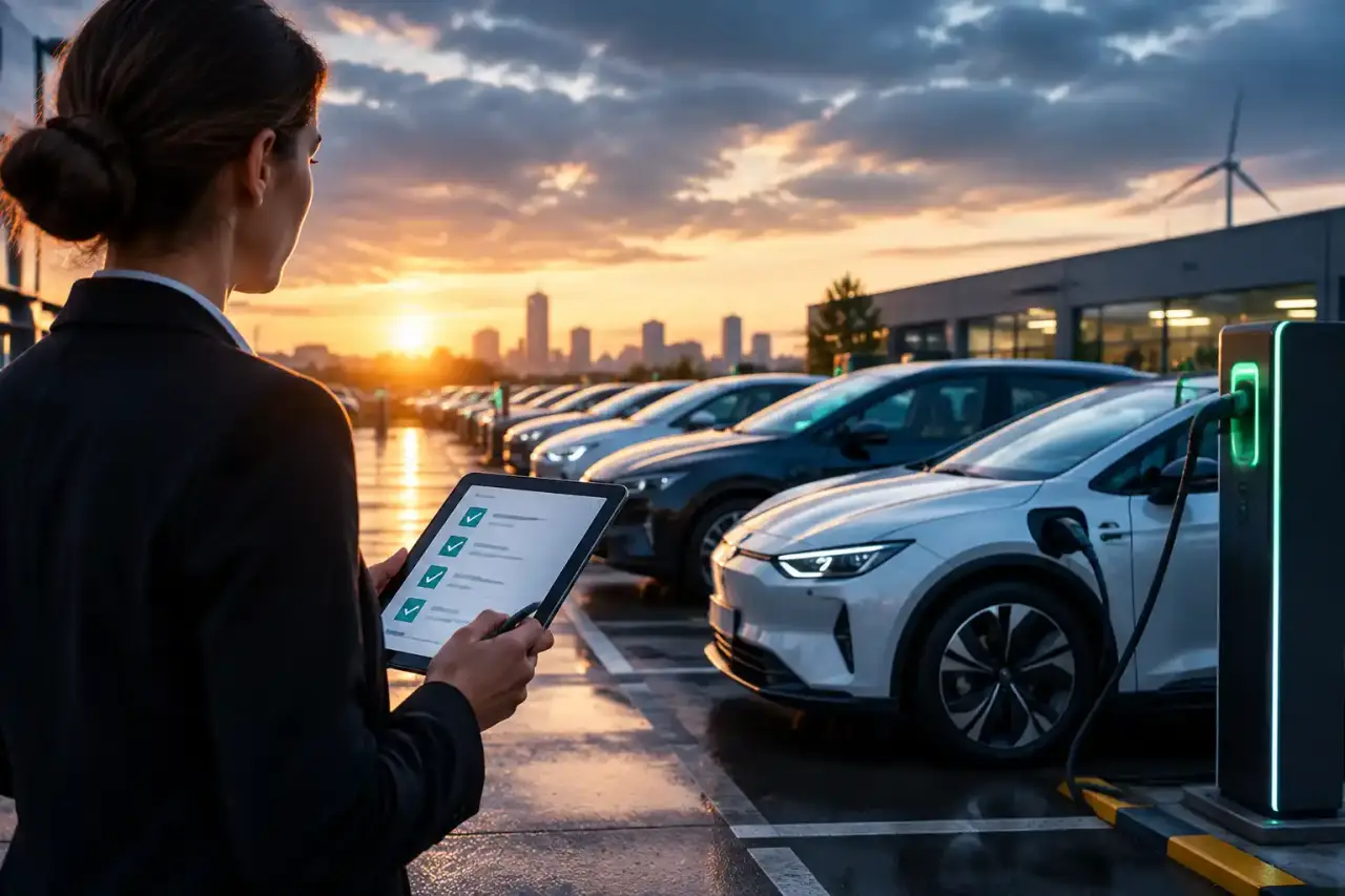 Flotte de véhicules électriques stationnés près d'une infrastructure de recharge moderne