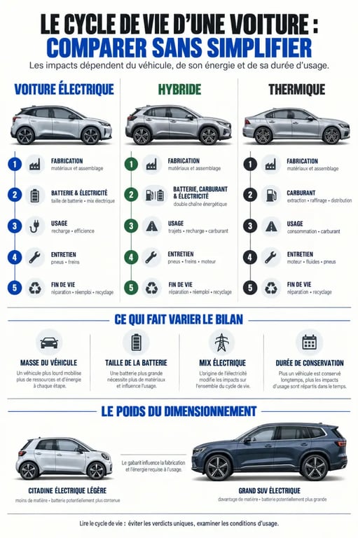 Voiture ecologie : infographie comparative du cycle de vie des voitures électriques, hybrides et thermiques