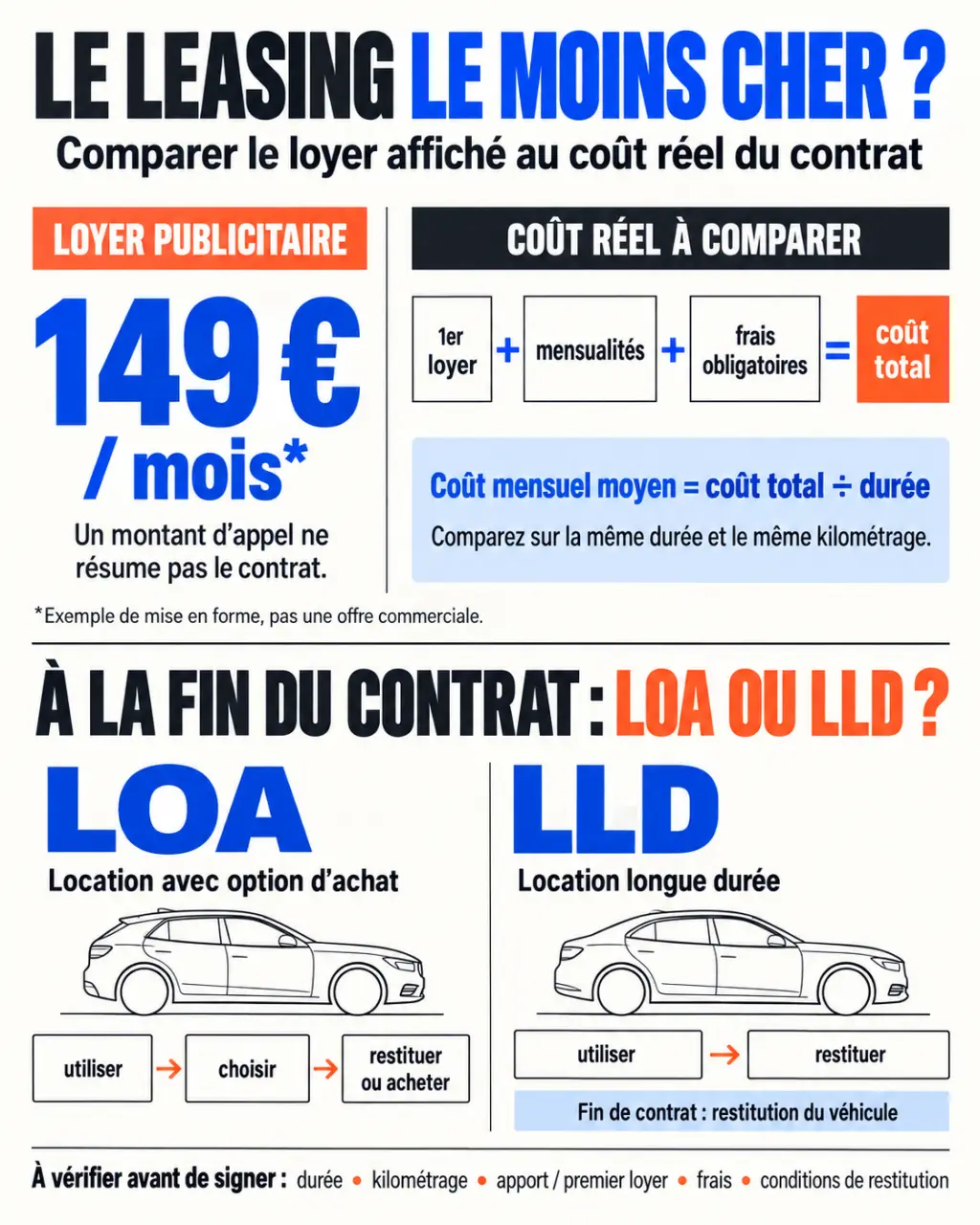 Infographie sur le leasing le moins cher et le calcul du coût réel d'un contrat